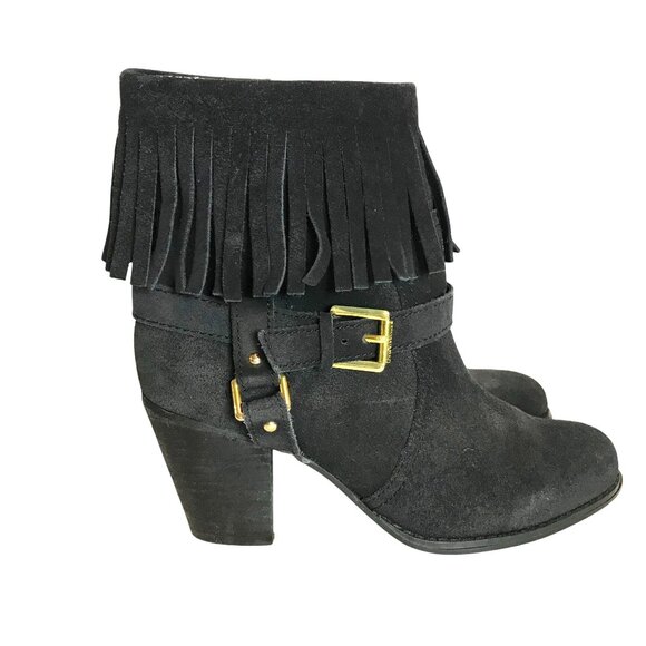 Lauren Ralph Lauren Black Suede Leather Fringe Heeled Ankle Boots Womens  7 - Picture 1 of 11